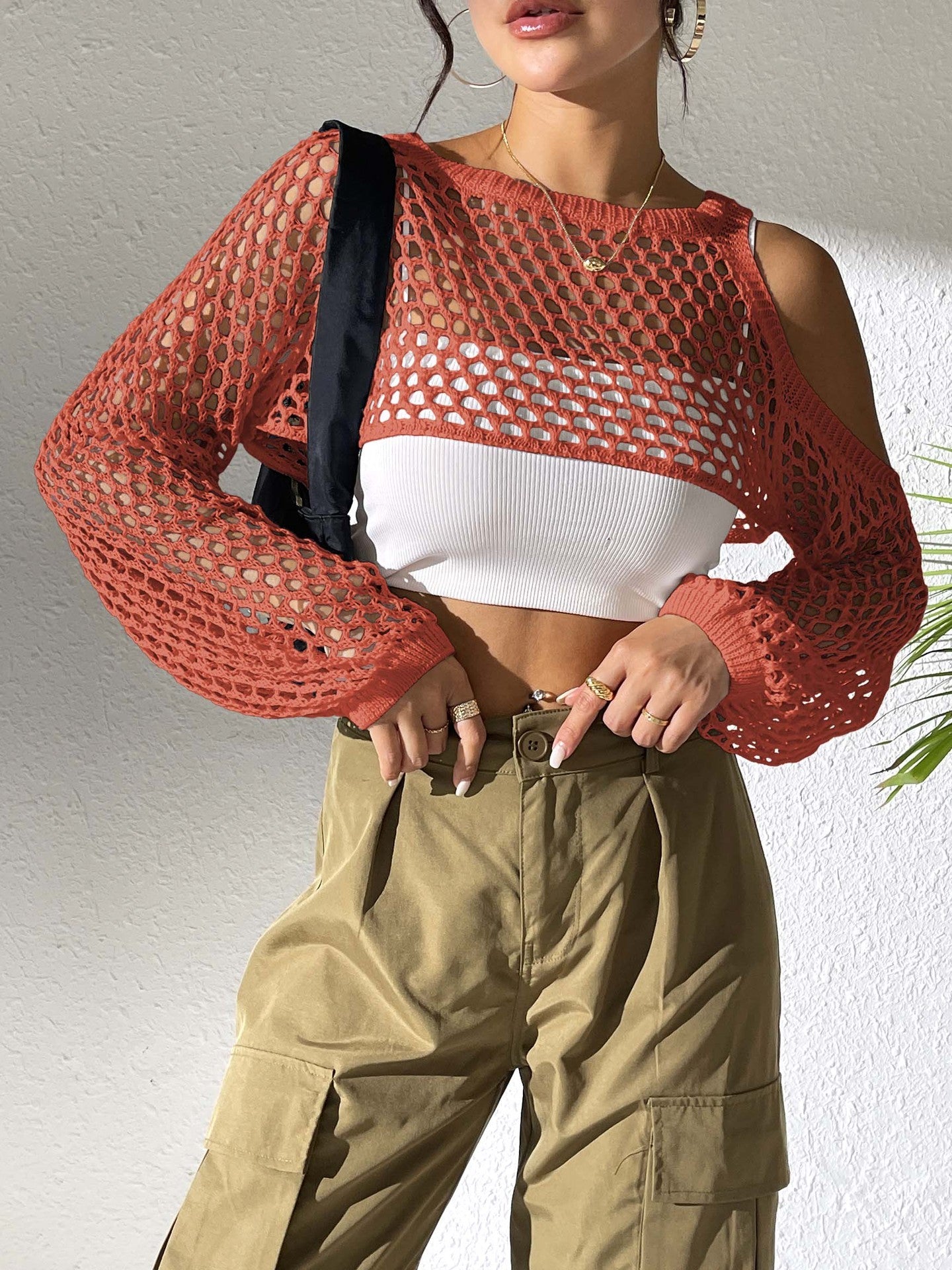 Women Clothing Sexy Cropped Hollow Out Cutout out Woolen Blouse Casual Fashionable Outerwear