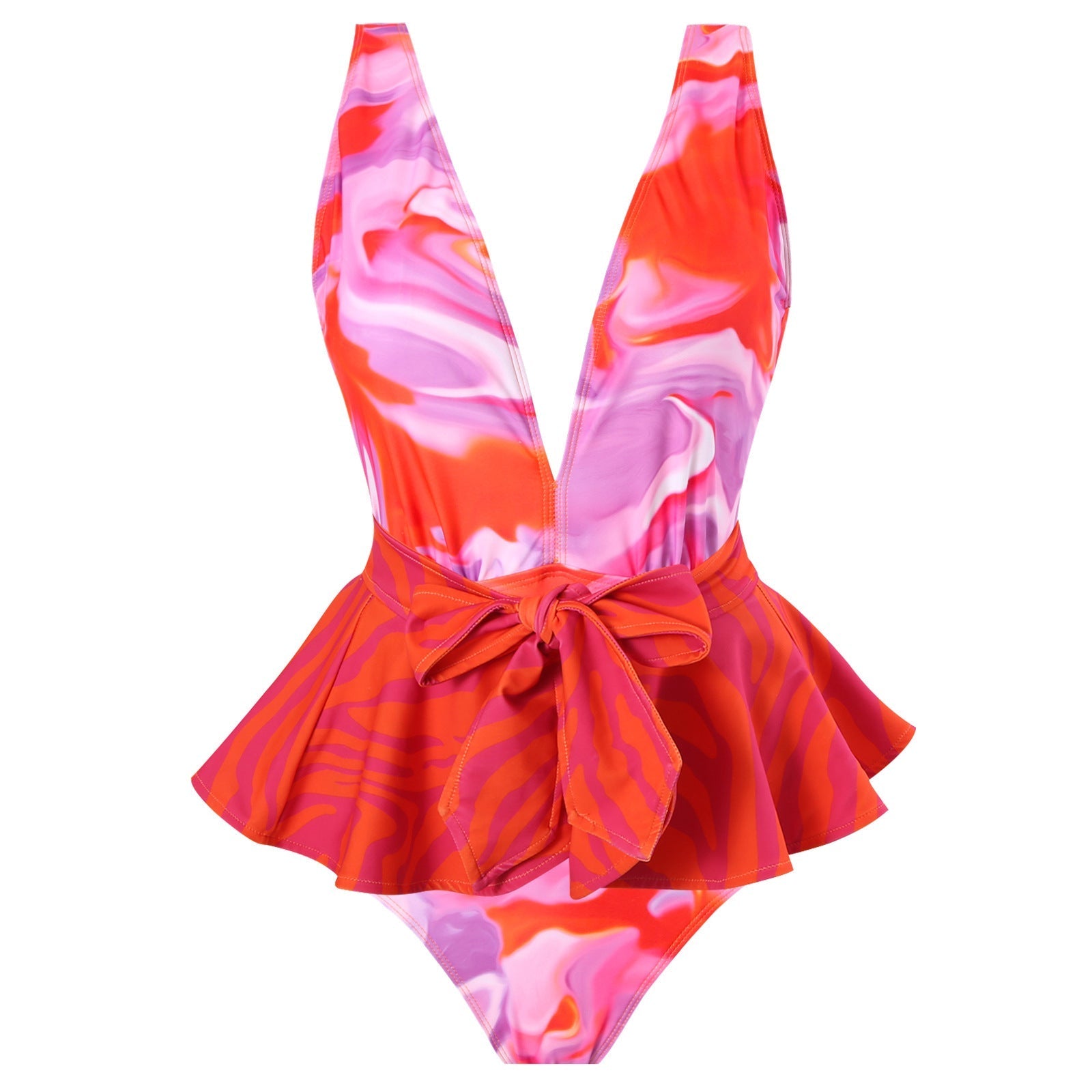 Retro One Piece Swimsuit Women Deep V Plunge Lace up Chiffon Skirt Set Bella Mia