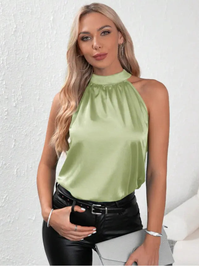 Summer Satin Vest Women Solid Color off Shoulder Halter Sleeveless Top Bella Mia