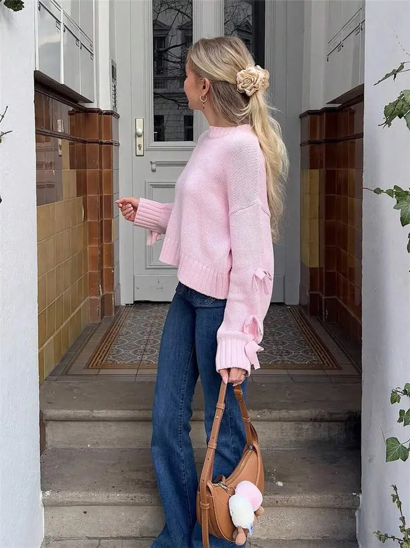 Women Clothing Autumn Winter Simple Bow Sleeve Short Loose Pullover Bella Mia