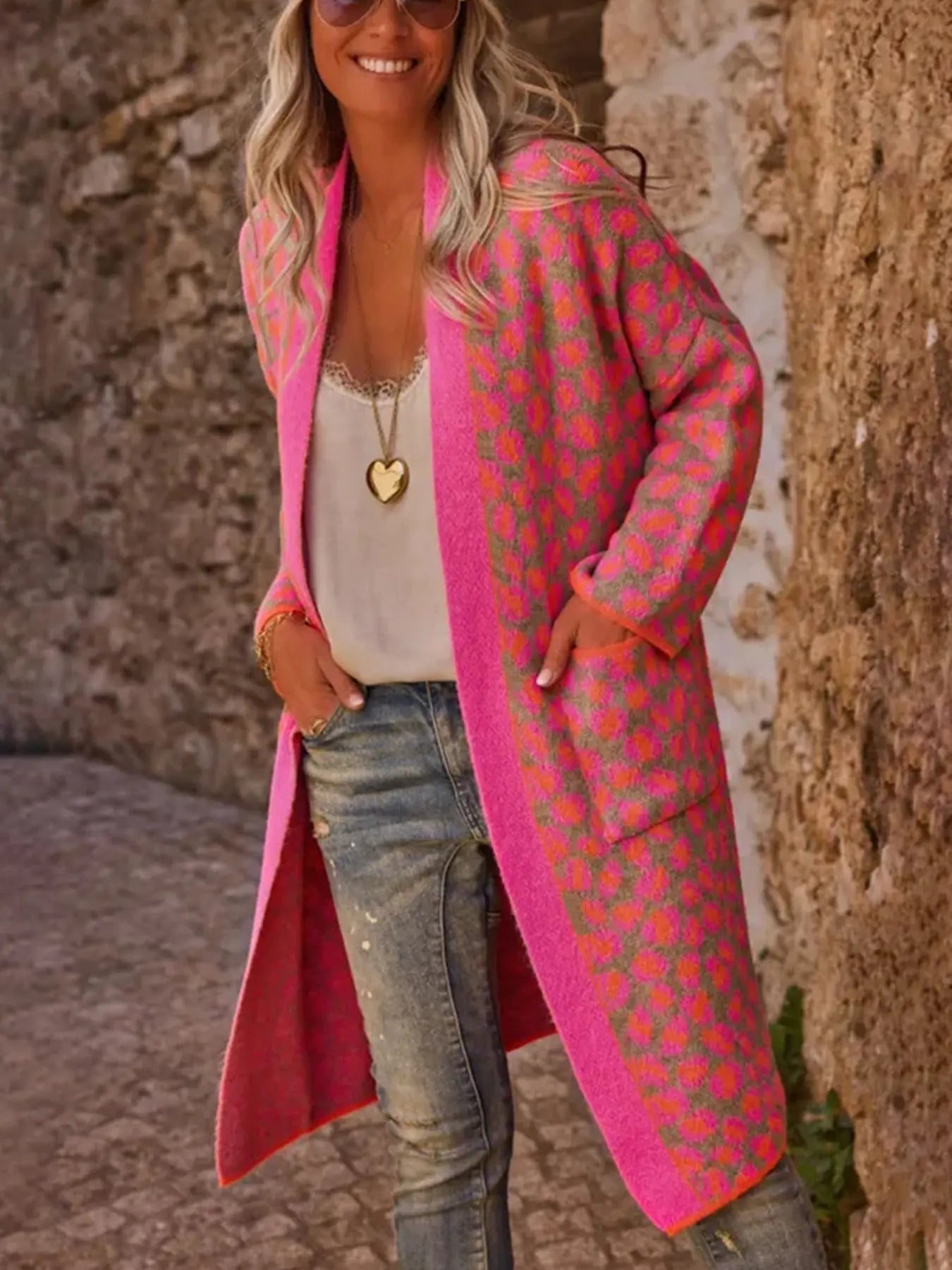 Autumn Winter Contrast Color Leopard Print Long Sweater Retro Pocket Sweater Women Coat Bella Mia