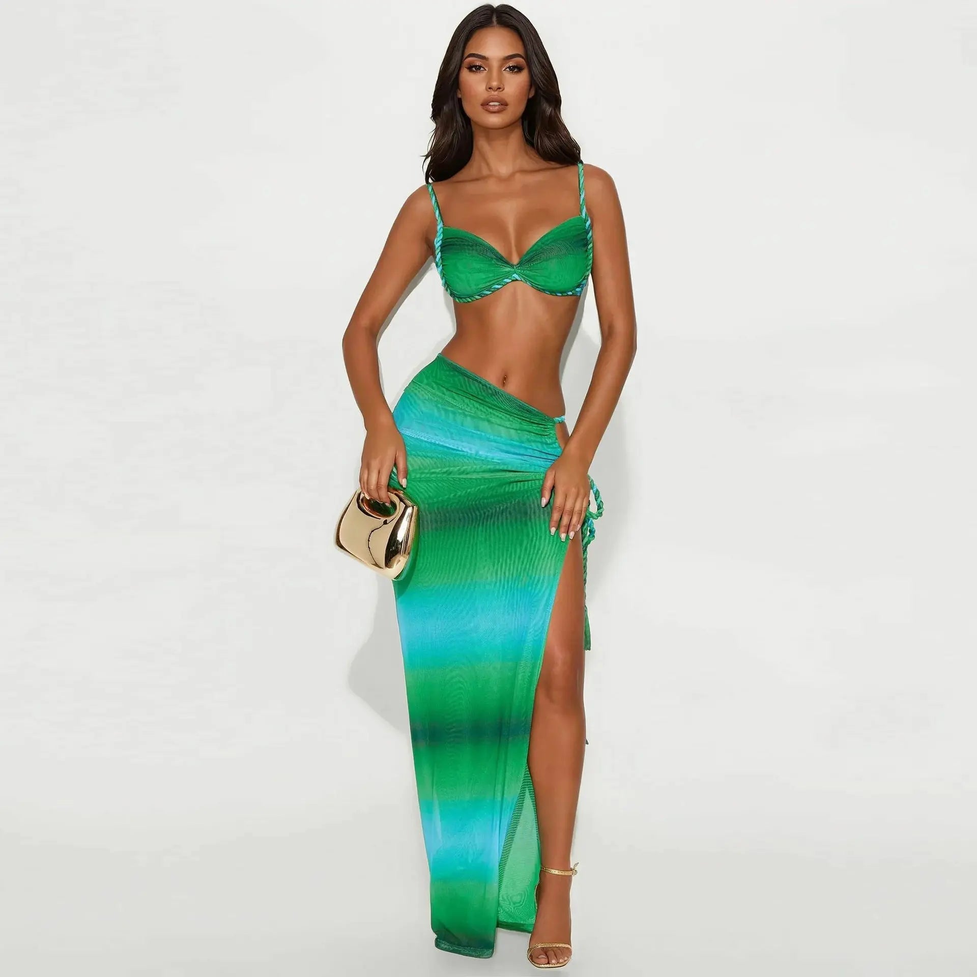 Summer Sexy Beach Vacation Swimsuit Woven Halter Top Split Skirt Set Bella Mia