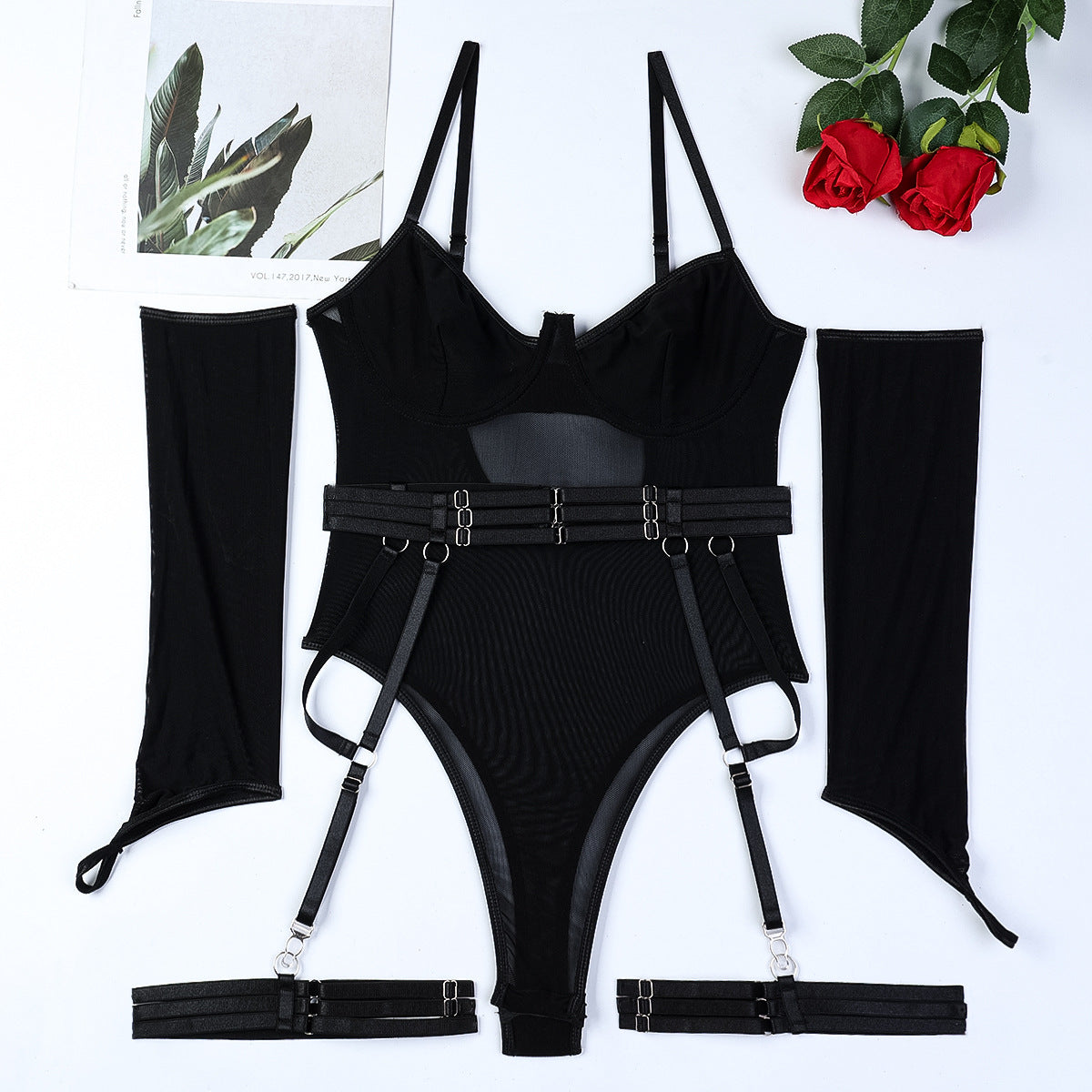 Sexy Underwear Mesh Strap Splicing Tape Gloves Sleeveless Jumpsuit Suit Bella Mia