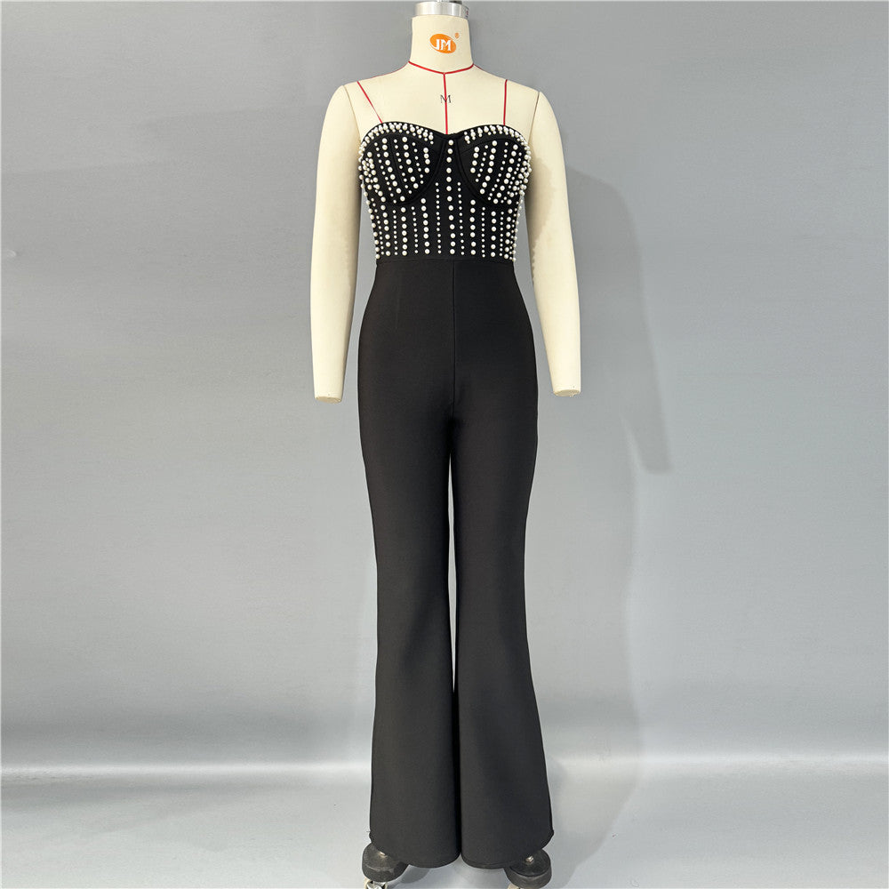 Sexy Pearl Tube Top Elegant Slim Bootcut Pants Bandage Jumpsuit Bella Mia