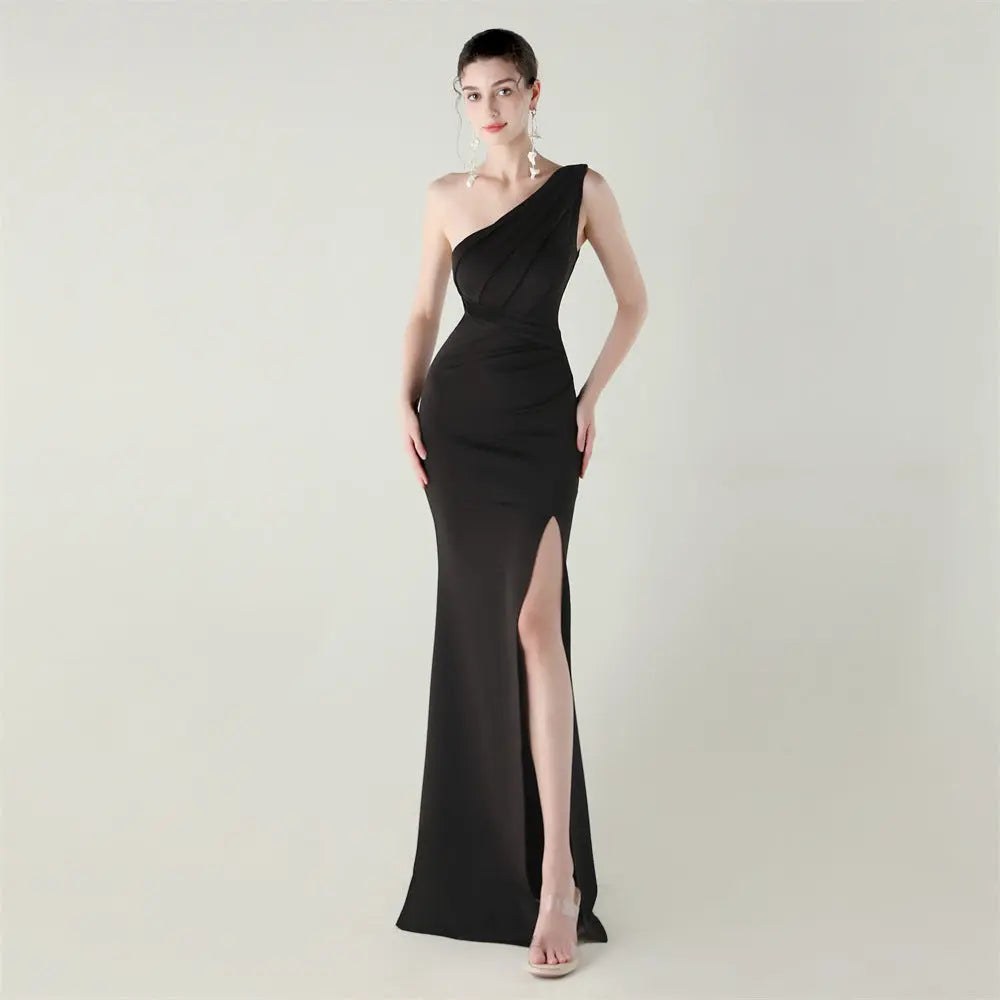 One Shoulder Slim Fit Satin Folding High Slit Sexy Evening Dress Fishtail Dress Dinner Wedding Social Networking Bella Mia