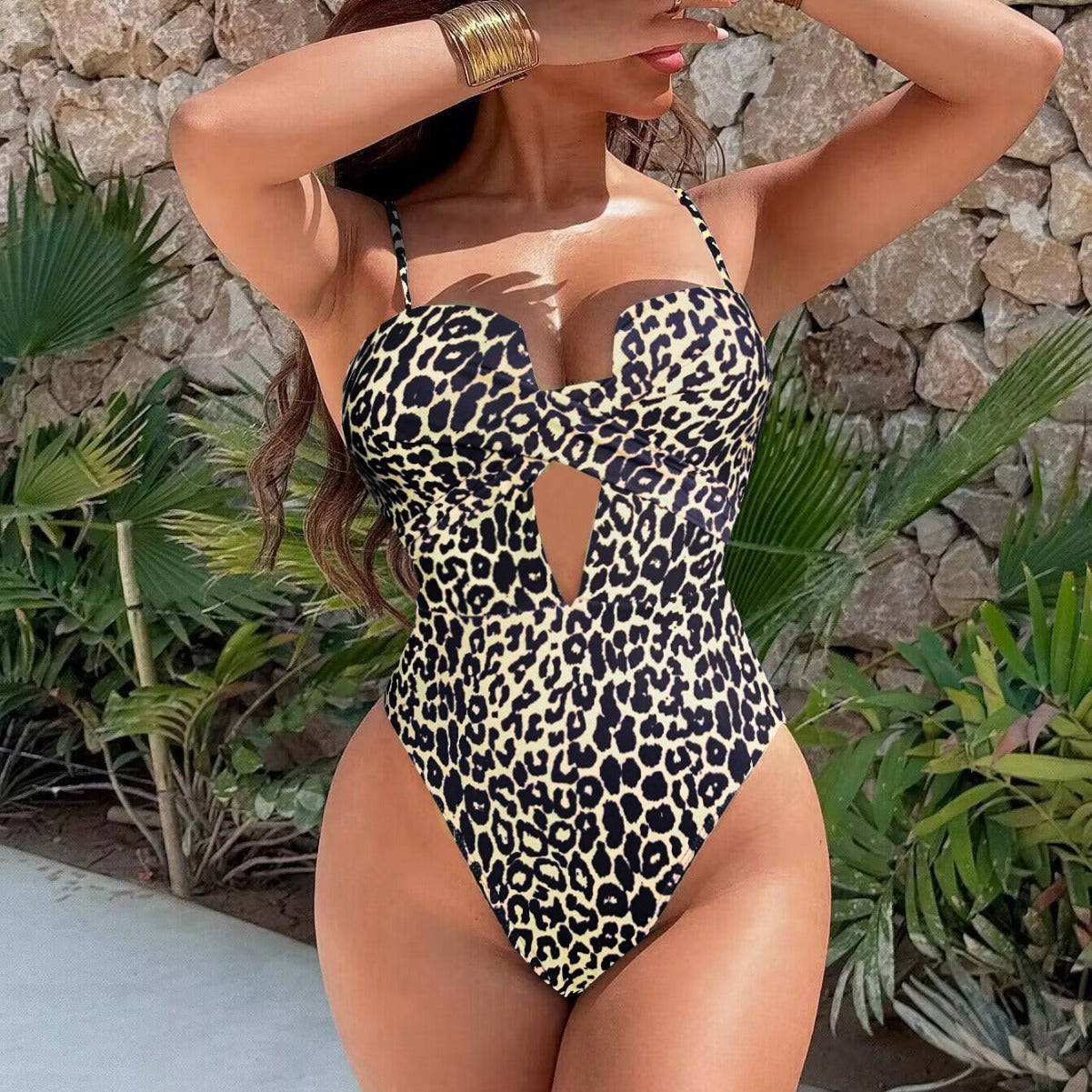 Bikini Bikini Leopard Print Hollow Out Cutout Shoulder Strap One Piece Swimsuit Bella Mia