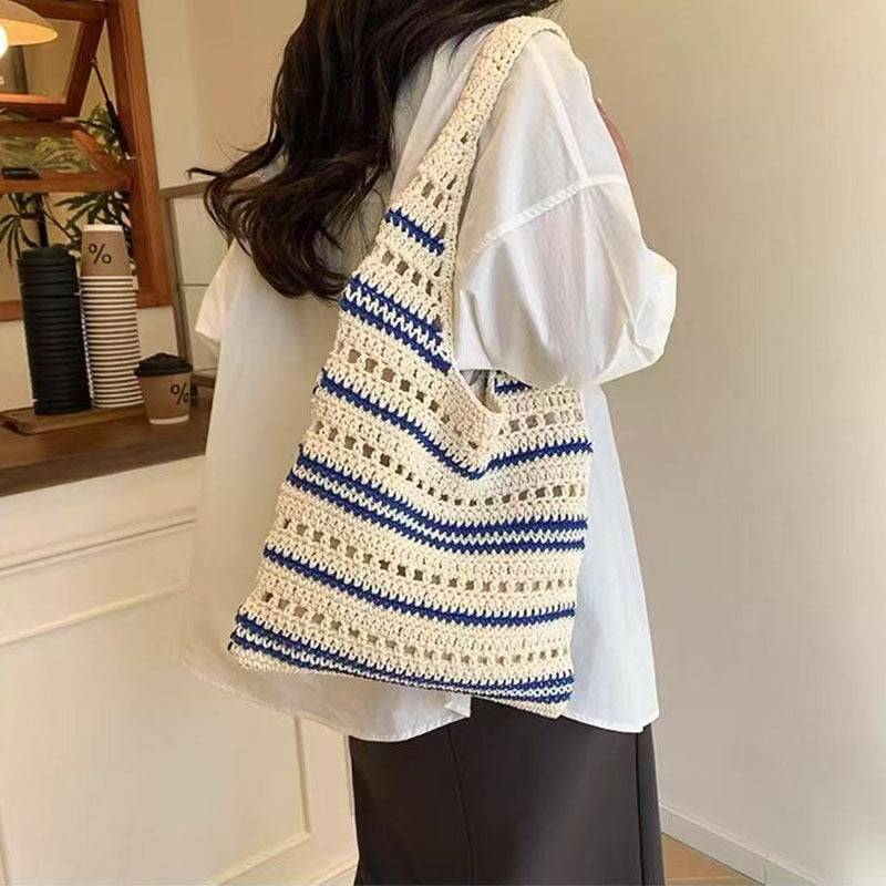 Striped Single Shoulder Cotton Thread Woven Bag Large Capacity Hollow Out Cutout Straw Bag Seaside Vacation Beach Bag Bella Mia