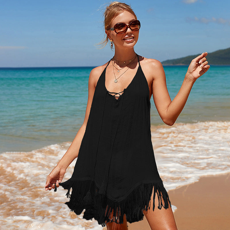 Sling Beach Overskirt Seaside Vacation Pullover Solid Color Beach Sun Protection Clothing Backless Tassel Bikini Smock Dress Bella Mia