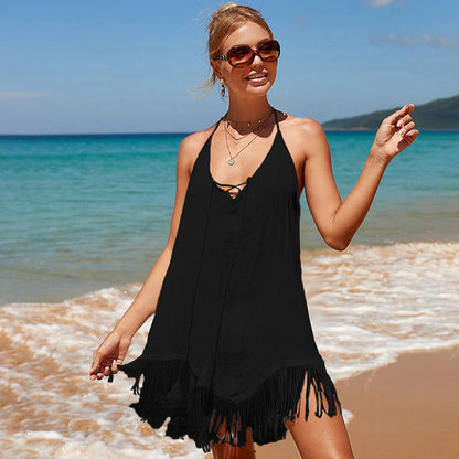 Sling Beach Overskirt Seaside Vacation Pullover Solid Color Beach Sun Protection Clothing Backless Tassel Bikini Smock Dress