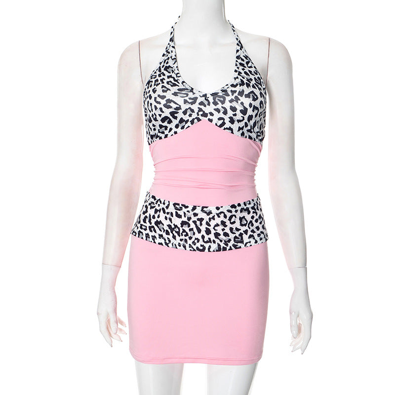 Women Clothing Spring Summer Lace up Halter Deep V Plunge neck Leopard Print Stitching Pleated Sheath Dress Bella Mia