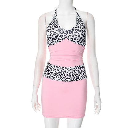 Women Clothing Spring Summer Lace up Halter Deep V Plunge neck Leopard Print Stitching Pleated Sheath Dress