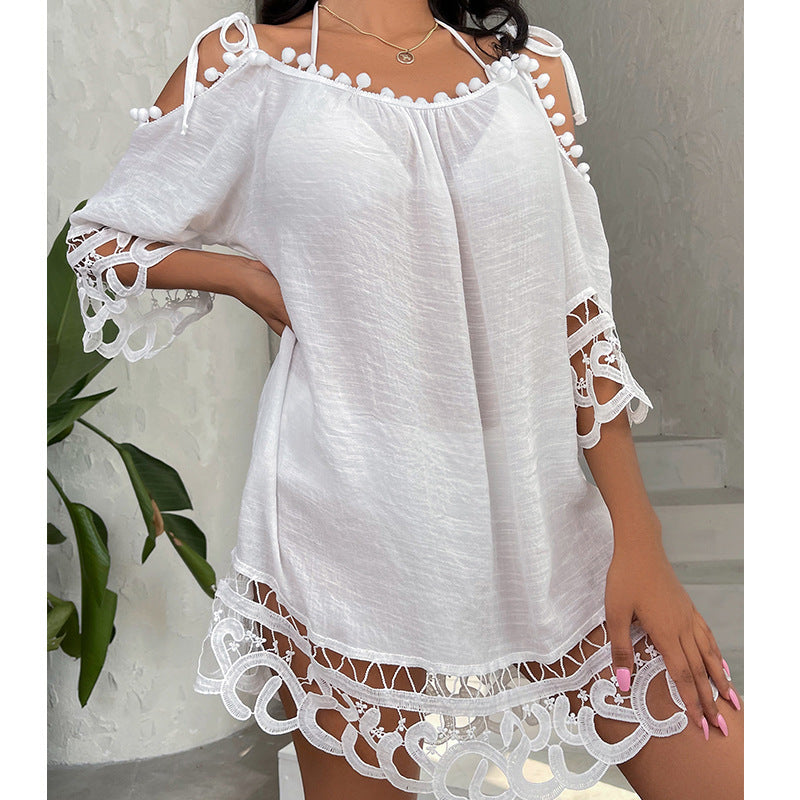 Cutout Lace off Shoulder Strap Sexy Solid Color Loose Casual Vacation Beach Sun Protection Swimsuit Blouse Bella Mia