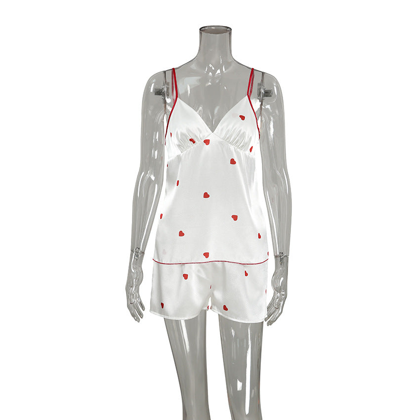 Spring Homewear Heart Printing Suspender Shorts Sexy Two Piece Set Satin Women Pajamas Bella Mia