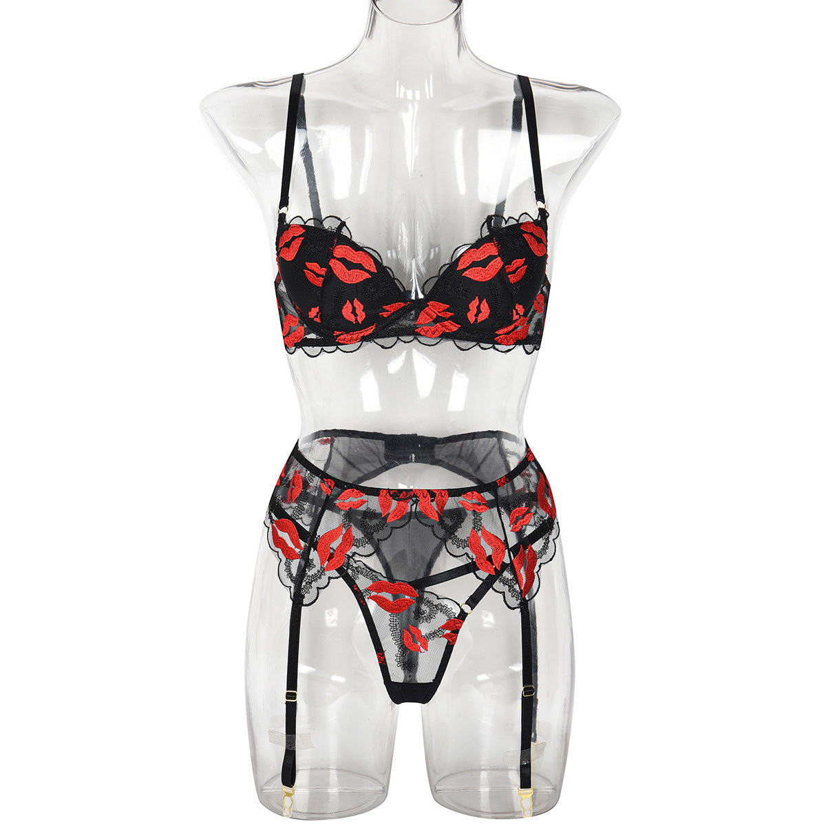 Valentine Day Red Lips Embroidery Push up Mold Cup Sexy Three Piece Suit Bella Mia