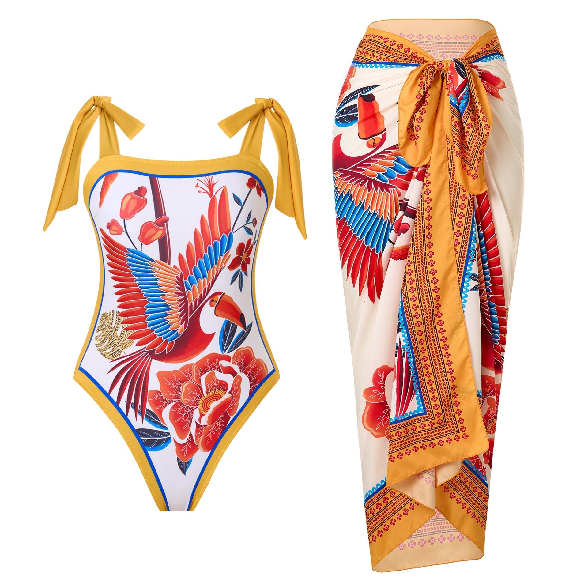Products Retro Printed Swimsuit Women Conservative One Piece Chiffon Two Piece Sets Blouse Swimsuit Outfit Bella Mia