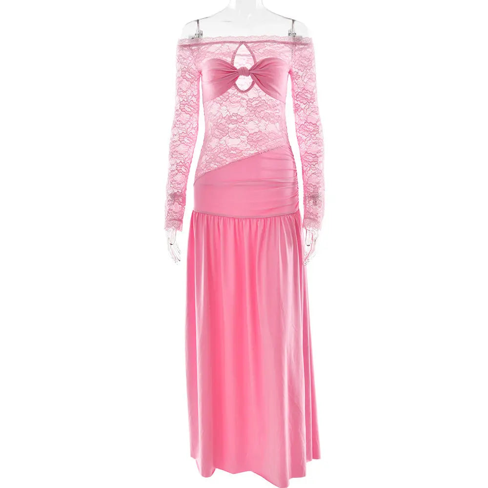 Summer Arrival off Neck Lace Maxi Dress Sexy High Split Pleated Dress for Women Bella Mia