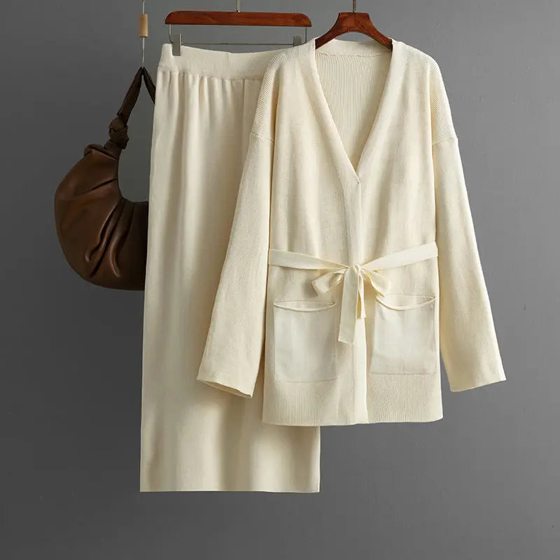 Women Autumn Winter V neck Loose Knitted Lace up Cardigan Skirt Two Piece Set Bella Mia