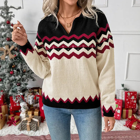 Women Autumn Winter Jacquard Chevron Knit Polo Collar Pullover Christmas Color Bella Mia