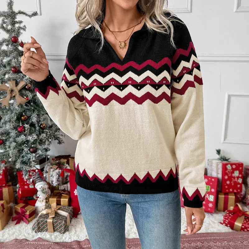 Women Autumn Winter Jacquard Chevron Knit Polo Collar Pullover Christmas Color Bella Mia