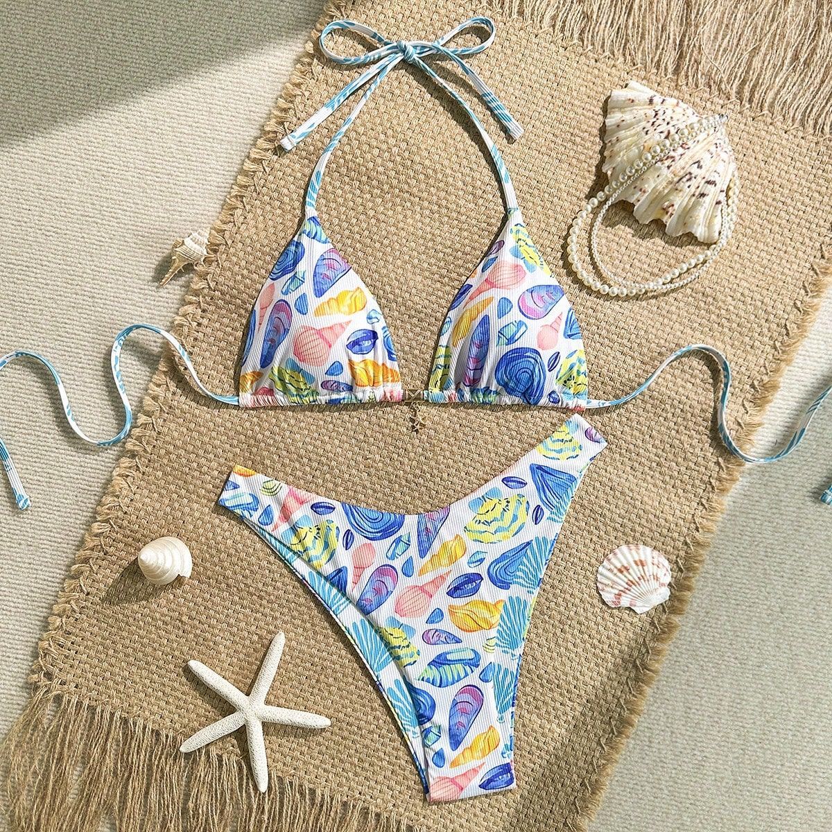 Ladies Sexy Fresh Ocean Print Halter Lace up Triangle Split Swimsuit