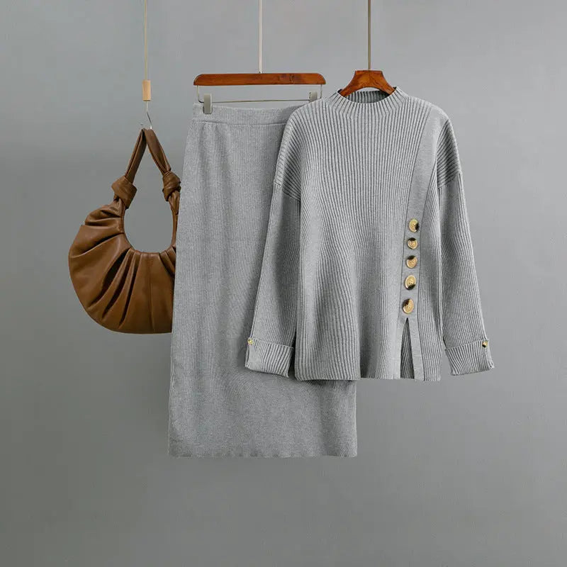 Women Two Piece Jersey Sweater Skirt Set With Side Slit Button Decoration Bella Mia
