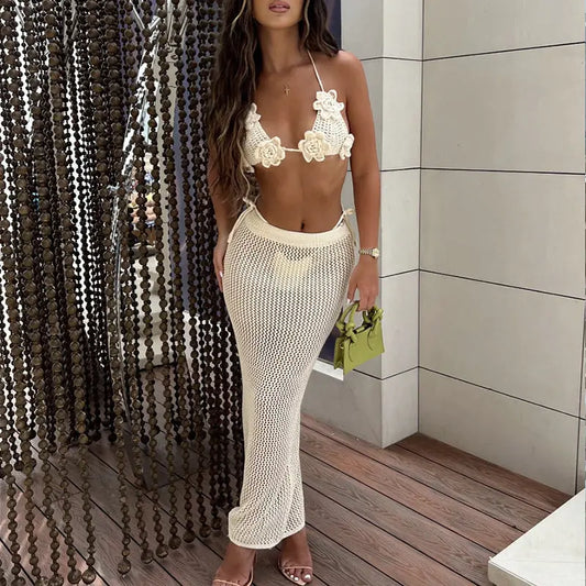 Boho Hollow Out Maxi Beach Cover Up Set With Back Strap Sun Protection Bella Mia