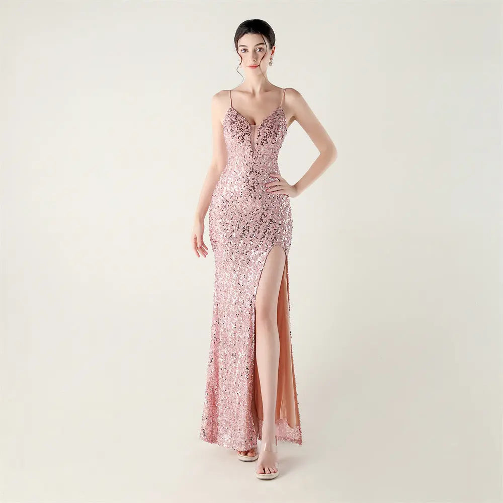 Bead Tube Sequin Spaghetti Strap High Slit Evening Dress Cross Tied Slim Fit Slimming Dinner Social Women Bella Mia