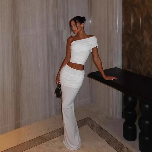 Elegant One Shoulder Crop Top And Maxi Skirt Two Piece Set For Summer Bella Mia