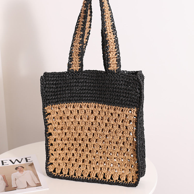 Color Matching Hollow Out Cutout out Crochet Shoulder Straw Bag Special Interest Design Hand Woven Bag Seaside Vacation Beach Bag Bella Mia