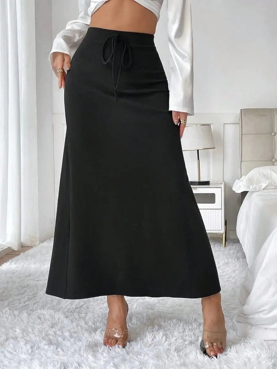 Women Clothing Popular Satin Satin Skirt Spring Autumn High Waist Lace up Long Skirt Bella Mia