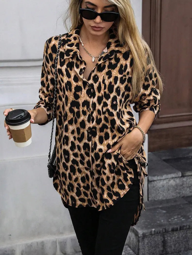 Women Autumn Satin Leopard Print Shirt Printed Long Sleeve Long Shirt Bella Mia