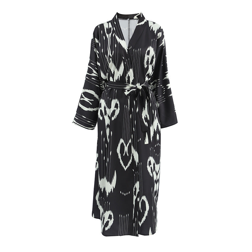 Fall Long Loose Casual Homewear Artificial Silk Printed Cardigan Ladies Robe Bella Mia
