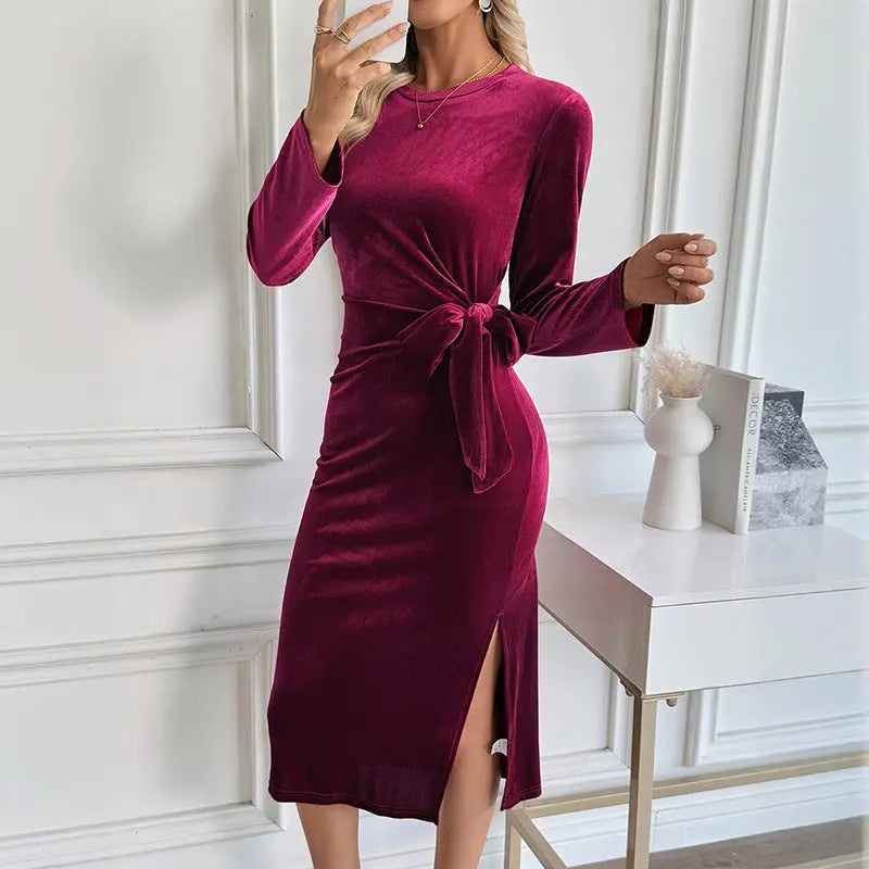 Women Clothing Christmas Mid Length Split Elegant Dating Long Sleeve Narrow Dress Autumn Bella Mia