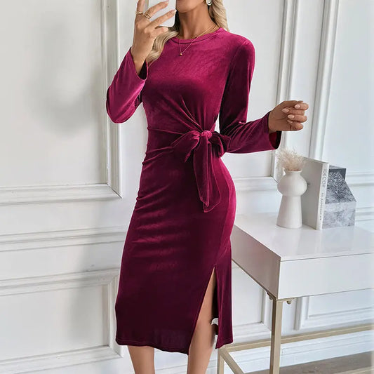 Women Clothing Christmas Mid Length Split Elegant Dating Long Sleeve Narrow Dress Autumn Bella Mia