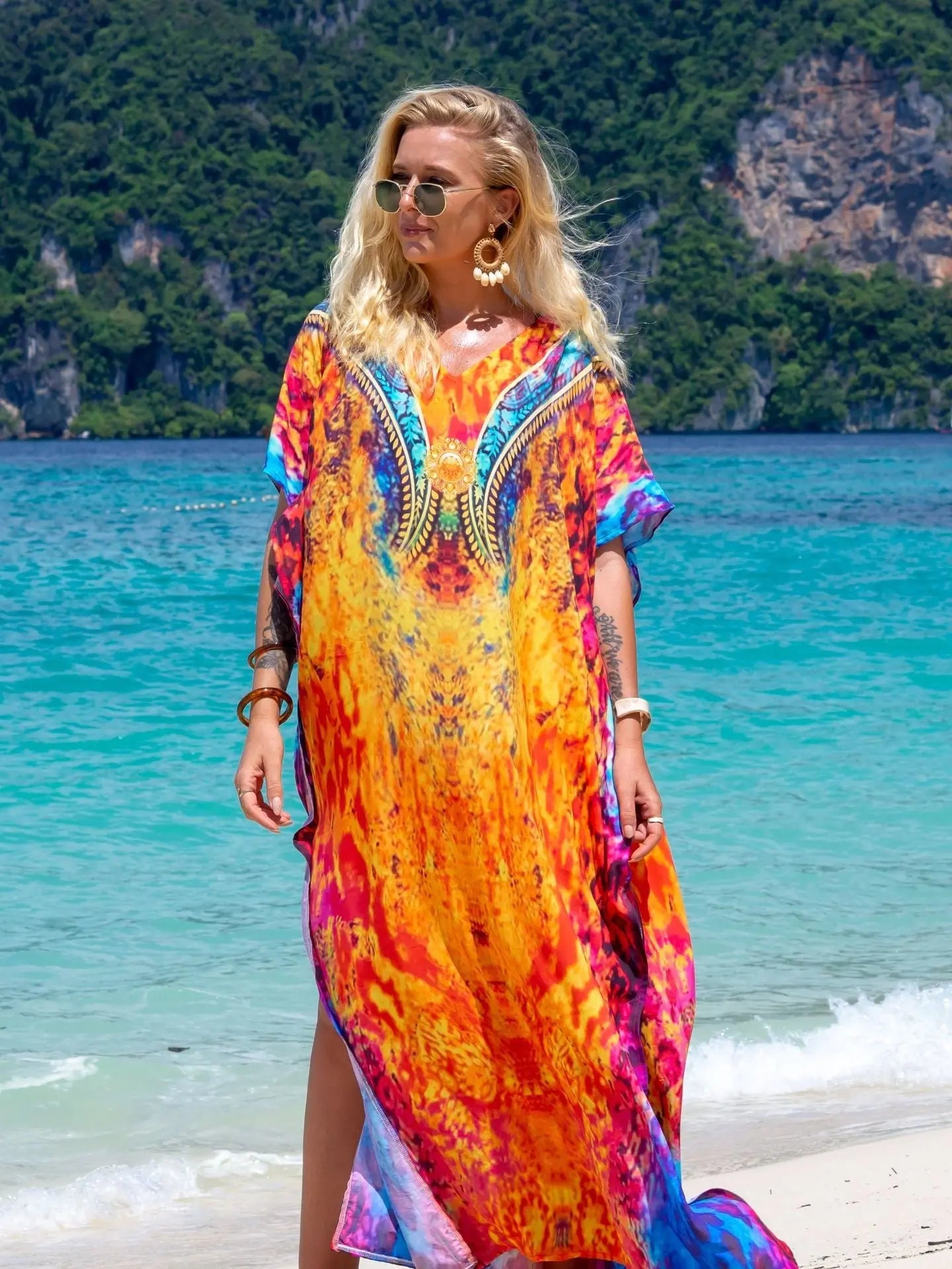 Boho Printed Beach Maxi Dress In Viscose With Animal Print And Split Sleeve Bella Mia