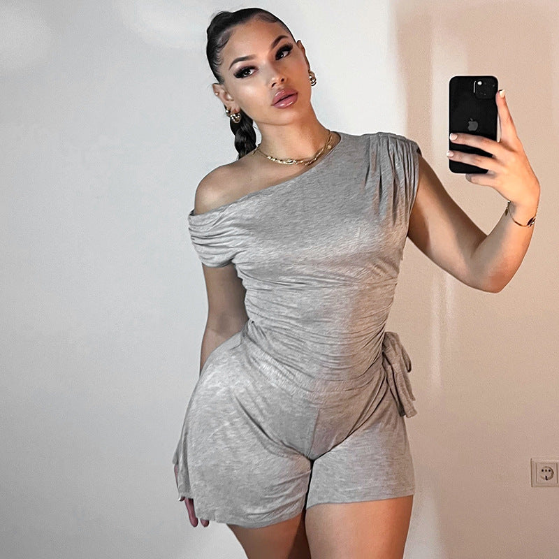 Women Clothing Spring Summer Crossbody off the Shoulder Pleated Bow Waist Tie Romper Bella Mia