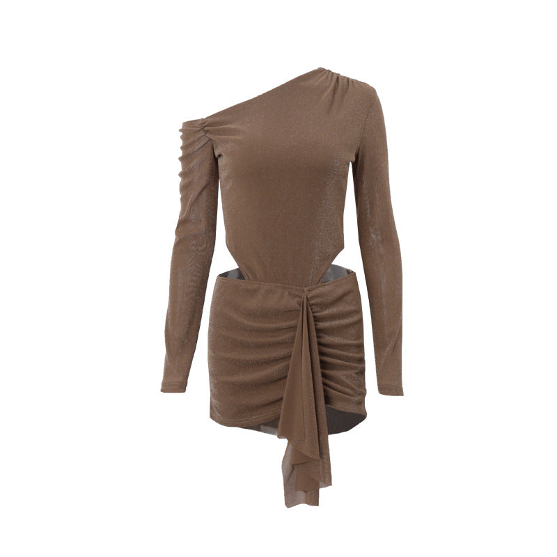 Women Clothing Autumn Sexy Diagonal Collar Solid Color Lace up Faux Two Piece Pleated Long Sleeve Narrow Dress Bella Mia