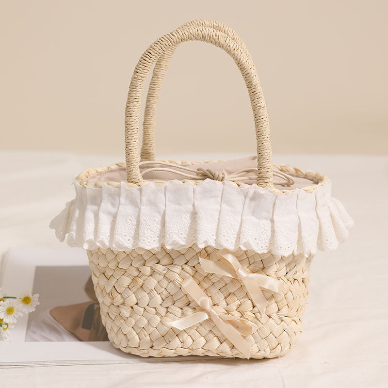 Cute Lace Portable Corn Husk Straw Bag Bow Woven Bag Vacation Beach Bag Hand Carrying Small Basket Bella Mia
