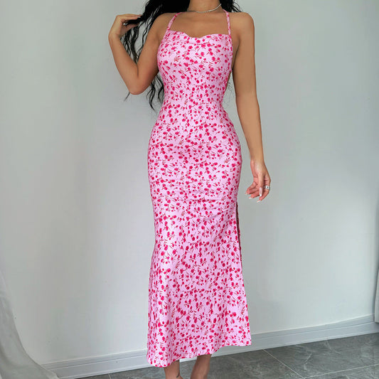 Arrival Sweet Floral Sexy Backless Halter Sleeveless Split Medium Dress Bella Mia