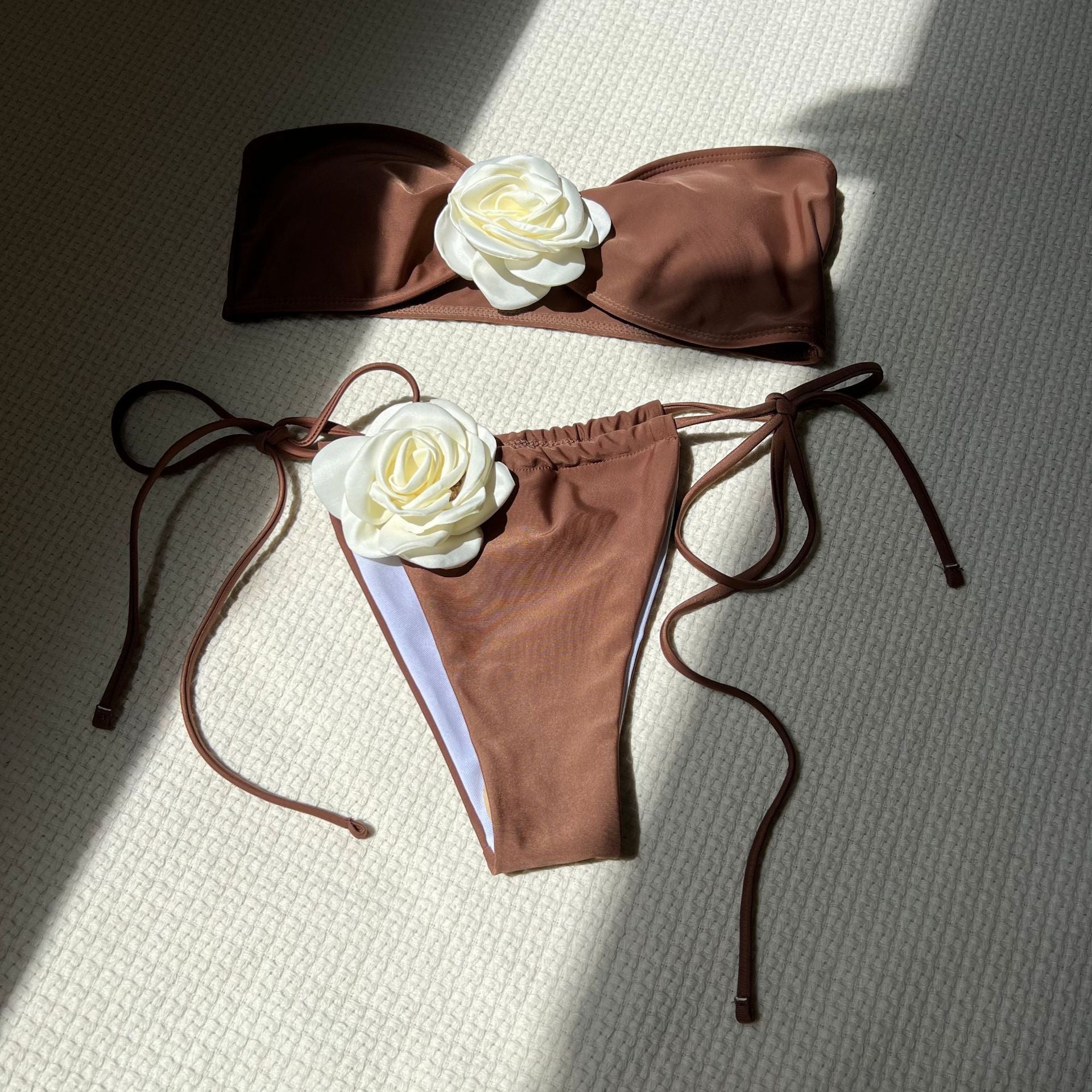 Solid Color Rose Tube Top Drawstring Strap Split Swimsuit Bikini Bella Mia