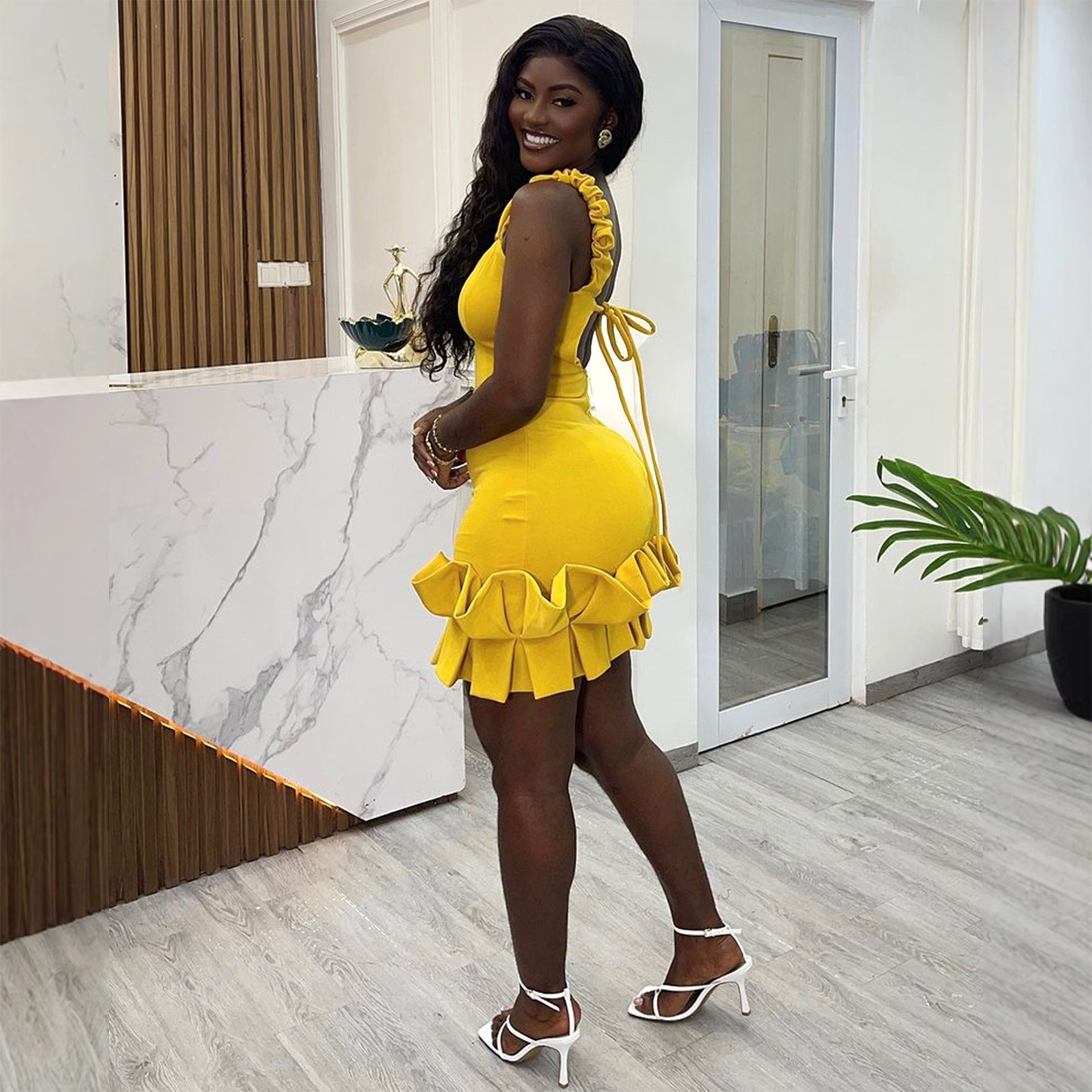 Elastic Waist Tightening Pleated Lace Backless Sheath Dress Bella Mia