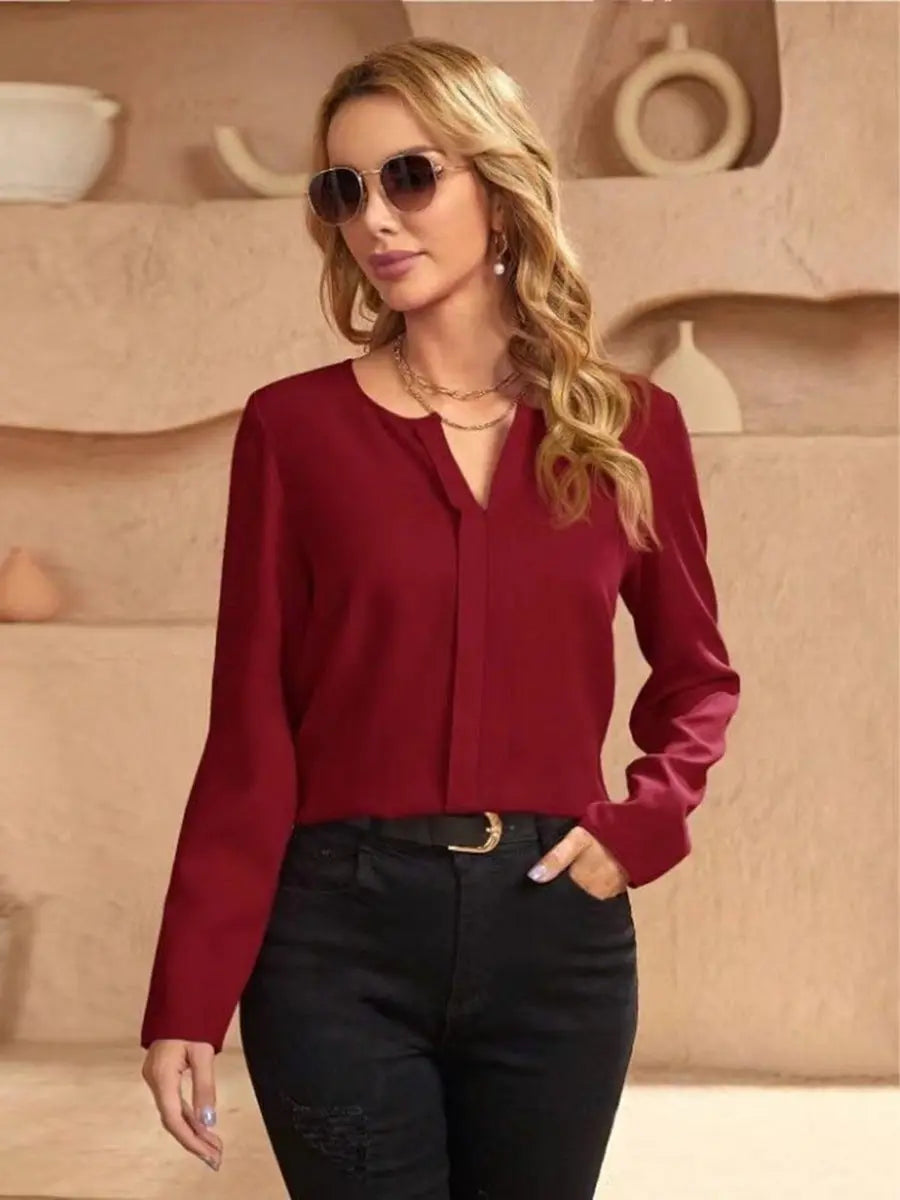 Elegant Satin Blouse For Women Spring Fall Loose Fit V Neck Long Sleeve Bella Mia