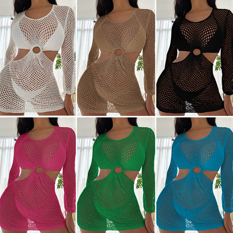 Casual Holiday Short Dress Sexy Slim Waist Hollow Out Cutout round Neck Slim Fit Long Sleeved Sunscreen Beach Dress Crochet hook Bella Mia