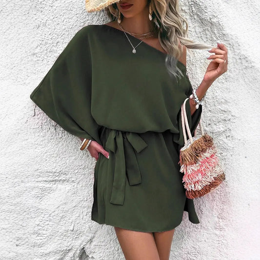 Women Clothing Satin off Shoulder Satin Dress Asymmetric High Waist Dress Bella Mia