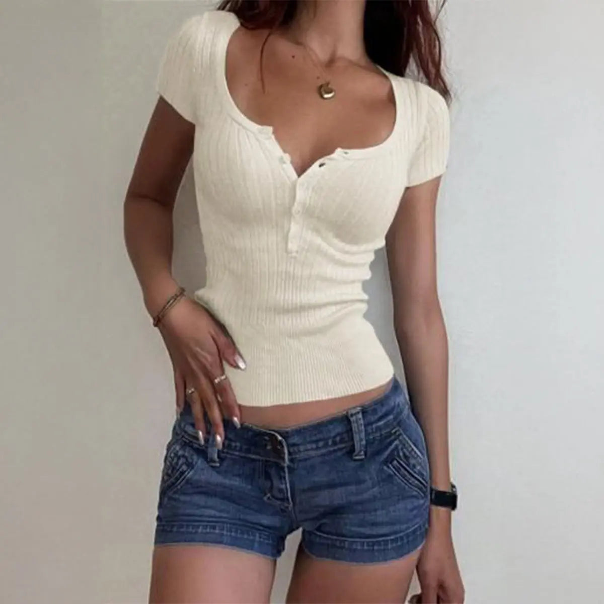 Sexy Fitted Button-Down Wool Top With Short Sleeves Women Bella Mia