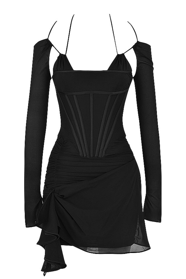 Black Mesh Girdle Dress Spring Summer off Shoulder Spaghetti Straps Long Sleeve Pleated Hip Dress Bella Mia