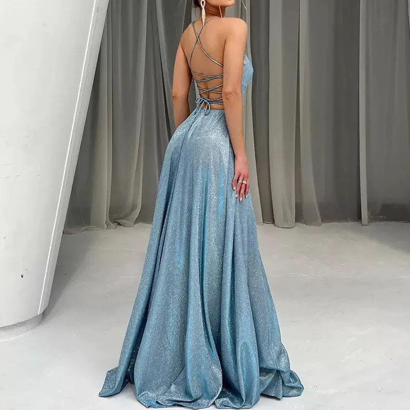 Women Backless Halter Maxi Dress With Glitter Slit For Cocktail Party Evening Bella Mia