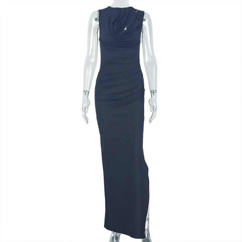 Personalized Pleated Hollow Out Cutout Solid Color Tight Crew Neck Split Maxi Dress Loose Elegant Women Clothing Bella Mia