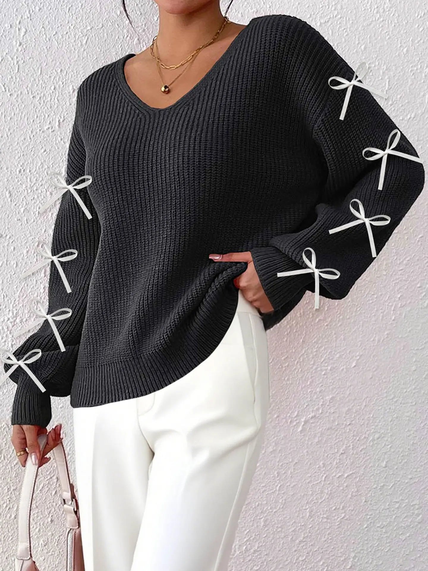 Women Elegant Bow Decor Knit Pullover Jersey V Neck Long Sleeve Spring Fall Bella Mia