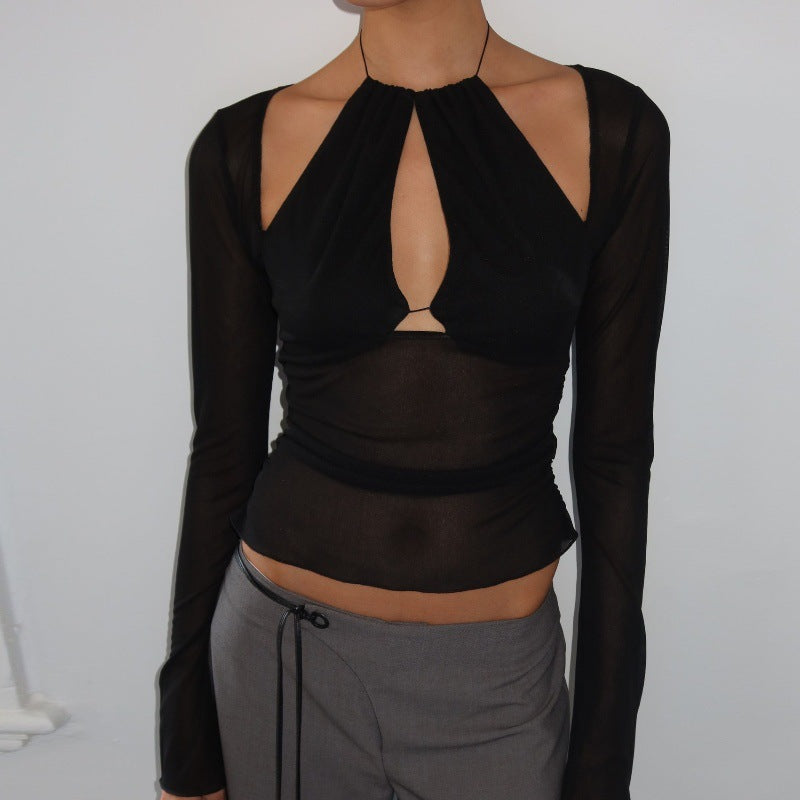 Summer Women Mesh Stitching Hollow Out Cutout Irregular Asymmetric Slim Fit Slimming Long Sleeve Top Bella Mia